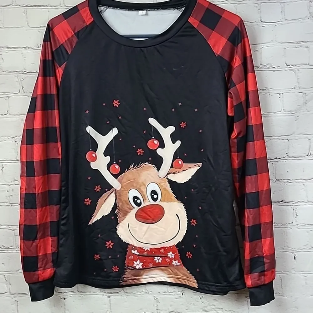 Fleece Lined Red Buffalo Plaid Holiday Reindeer Women's Christmas Pajamas Set S